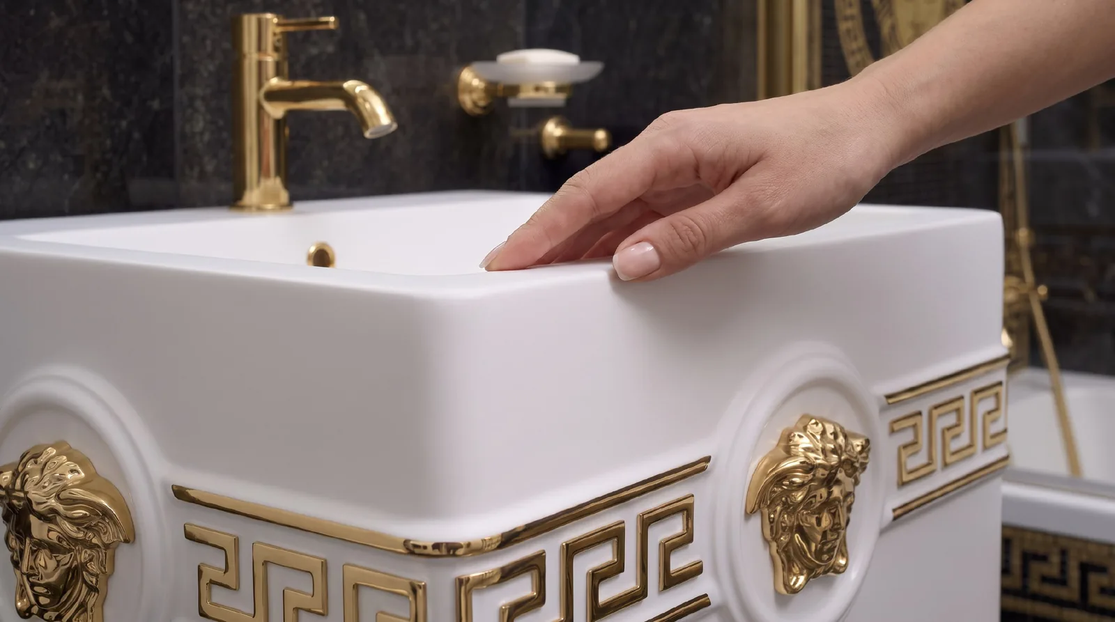 Макросъёмка кромки раковины ALBELA — однородная белая поверхность Solid Surface под рукой