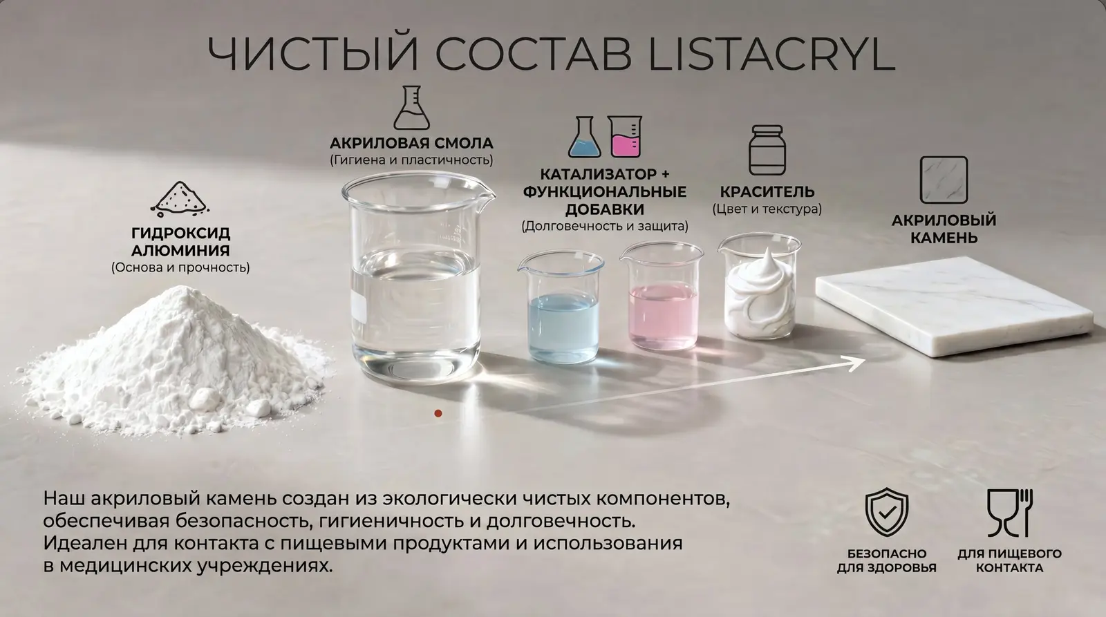 Компоненты акрилового камня LISTACRYL на столе: гидроксид алюминия, акриловая смола, катализатор, красители и готовый образец